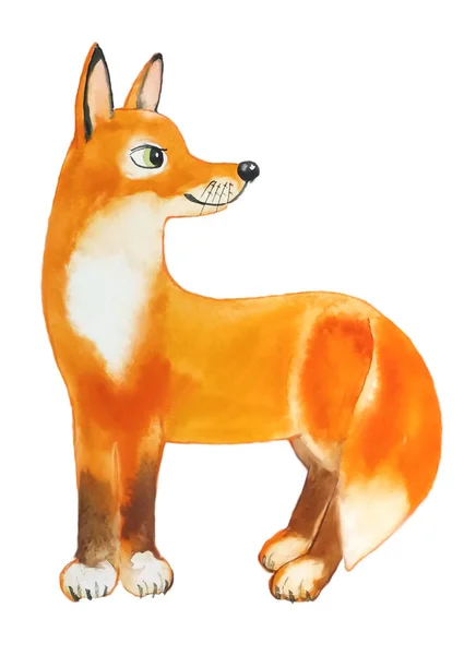 Watercolor Ilustrasi Berdiri Lucu Berbulu Merah Fox Lucu Dengan Telinga — Stok Foto