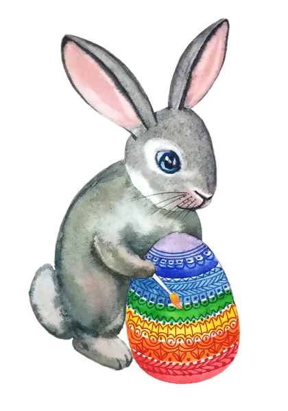 Easter Little Fluffy Gray Rabbit Brush Paint Easter Eggs Bright — Stock Photo, Image