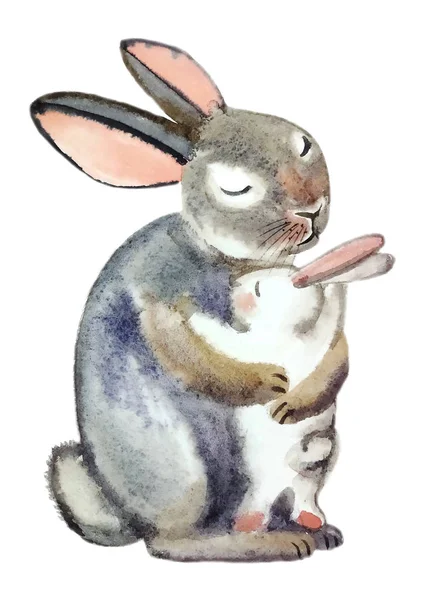 Mère Lièvre Embrasse Doucement Pelucheux Petit Lapin Blanc Dessin Aquarelle — Photo