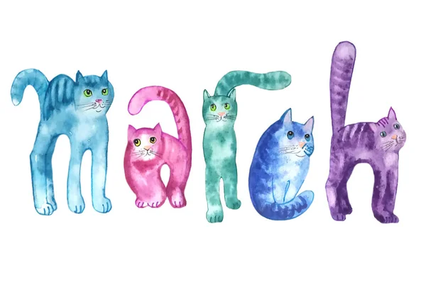 Olağandışı yazıt Mart beş komik neşeli kedi şeklinde süslemeleri bir kartpostal veya poster, suluboya resim alfabetik
