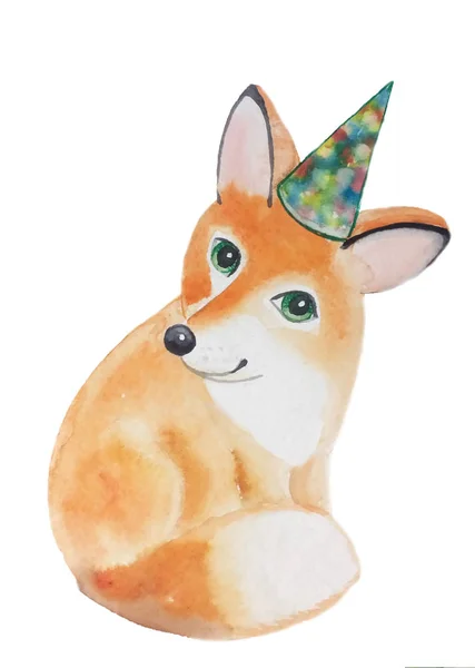 Şirin komik tilki kabarık kuyruğu, kabarık Fox oturma şapka birthdayn gülümseyen resim suluboya