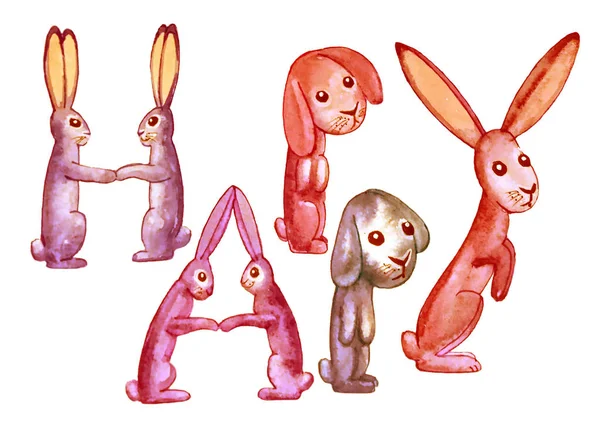 Индивидуальная Счастливая Надпись Виде Пяти Милых Смешных Кроликов Декоративная Открытка — стоковое фото