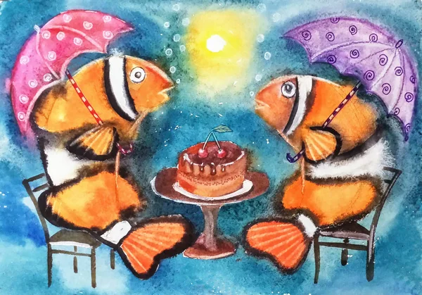 two lovely bright funny fish with umbrellas sitting underwater on chairs near the table with cake humorous picture watercolor illustration to decorate cards, clothes