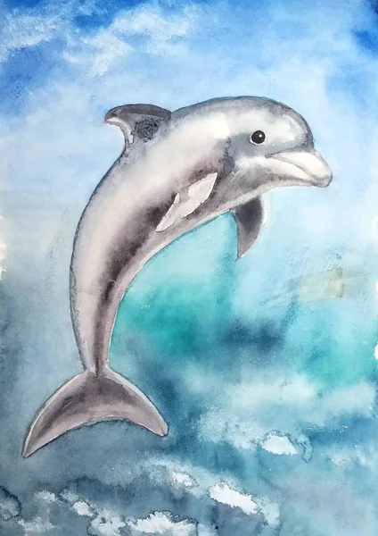 Krásný Šedý Delfín Elegantně Vyskočil Moře Vody Akvarel Ilustrace — Stock fotografie