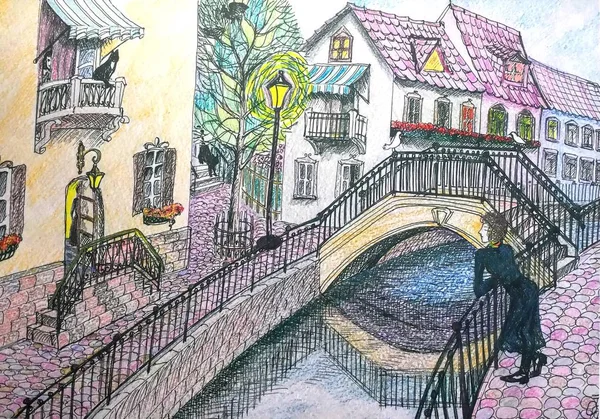 kentsel peyzaj, kanal, küçük köprü, siluet bir bayan, renkli evleri, Lila kiremitli çatıları, fener, grafik renkli kalem ve siyah kalem