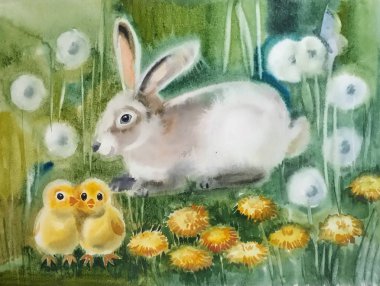 şirin tüylü tavşan çimenlere oturmuş, önünde iki tavuk stand sonraki, çevrelerindeki beyaz ve sarı dandelions, suluboya resim sarı