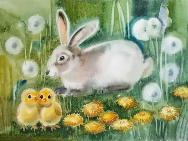 cute fluffy hare sitting in the grass, in front of him two yellow chicken stand next, around them white and yellow dandelions, watercolor painting