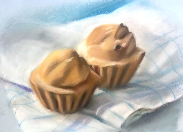 Natürmort, kareli bir masa örtüsü, pastel resim üzerinde iki top kek