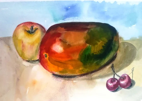 Nature Morte Mango Multicolore Brillante Mela Due Ciliegie Pittura Acquerello — Foto Stock