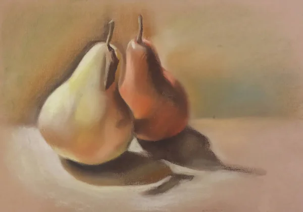 güzel natürmort, iki üç boyutlu sulu armut, sarı ve kırmızı, pastel resim