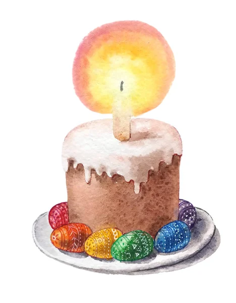 Easter Cake Lit Candle Colorful Eggs White Plate Religious Holiday — Stock Photo, Image