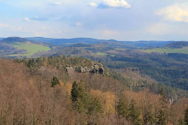 Widok Krajobrazu Zachodzie Słońca Parku Narodowego Czeska Szwajcaria Czechy — Zdjęcie stockowe