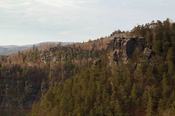 Kilátás Nyílik Táj Napnyugtakor Nemzeti Park Bohemian Switzerland Csehország — Stock Fotó