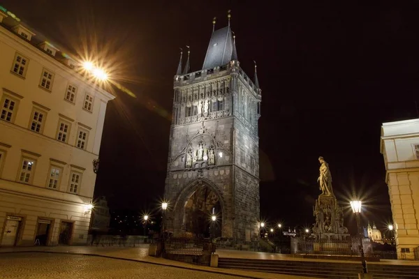 Nacht Uitzicht Van Oude Stad Brug Toren Buurt Van Charles — Stockfoto