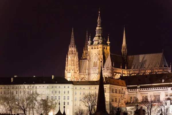 Vitus Cathedral Och Pragborgen Natten Prag Tjeckien — Stockfoto