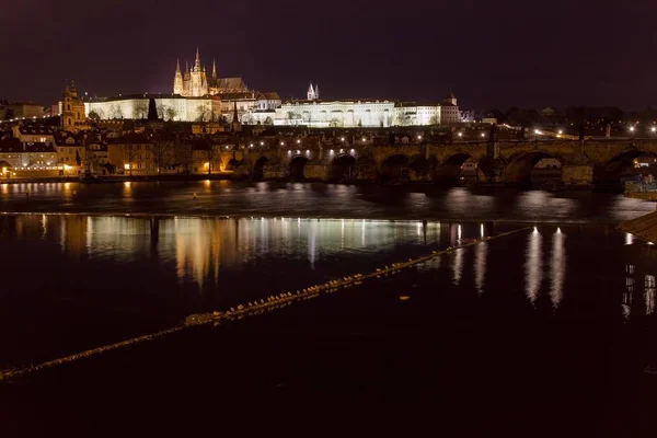 Panorama Nocturne Architecture Vieille Ville Avec Rivière Vltava Château Prague — Photo