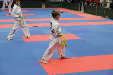 Nymburk, Çek Cumhuriyeti, 25 Kasım 2017: Çek Taekwondo ITF Derneği Nymburk, Çek Cumhuriyeti için bir fincan. Genç Taekwondo sporcular yarışma sırasında mücadele ediyoruz.