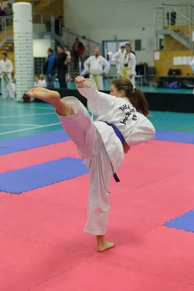 Mlada Boleslav, República Checa, 9 de diciembre de 2017: Una Copa del Taekwondo Checo ITF en Mlada Boleslav, República Checa. Jóvenes atletas Taekwondo están luchando durante el concurso . —  Fotos de Stock