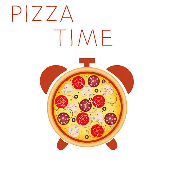 Pizza con champiñones, salami, tomate y salchichas . — Vector de stock