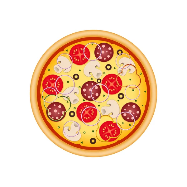 Pizza con funghi, salumi, pomodoro e salsiccia . — Vettoriale Stock