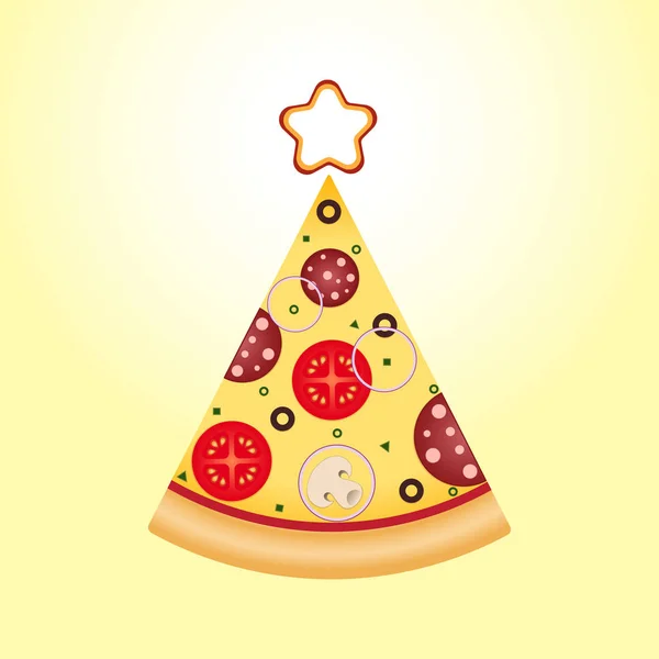 Pizza slice in tree shape with star on top. — Stock Vector