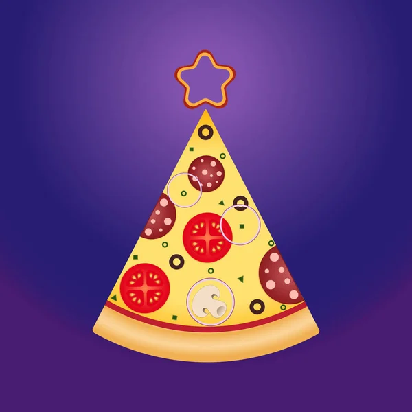 Fetta di pizza a forma di albero con stella sopra . — Vettoriale Stock
