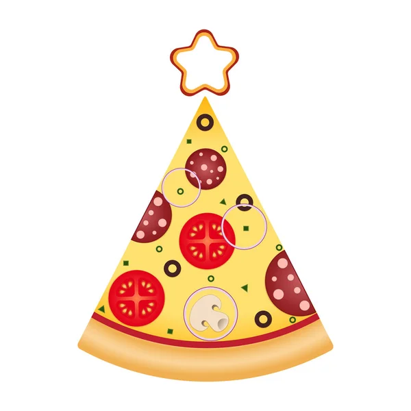 Pizza slice in tree shape with star on top. — Stock Vector