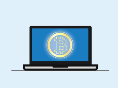 Bitcoin. Laptop Bitcoin ile simge ekran klavyesi.