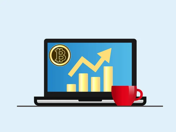 Bitcoin. Laptop with growth diagram on screen. — Stock Vector