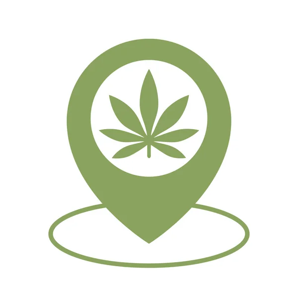 Esrar deposu konumu simgesi. Harita işaretçi. Esrar, marihuana yaprağı. — Stok Vektör
