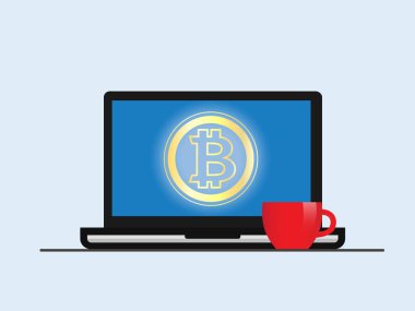 Bitcoin. Laptop Bitcoin ile simge ekran klavyesi.