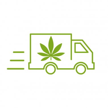 Teslimat esrar. Bir teslimat kamyonu simgesi marihuana yaprağı çizimi. 