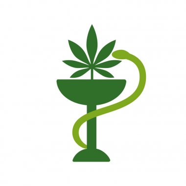 Yılan ve kase tıbbi simgesi. Marihuana yaprağı. Tıbbi esrar. Marihuana Eczanesi. Sağlık ve tıp tedavisi. Uyuşturucu tüketimini, esrar kullanım. Marihuana yasallaştırma.