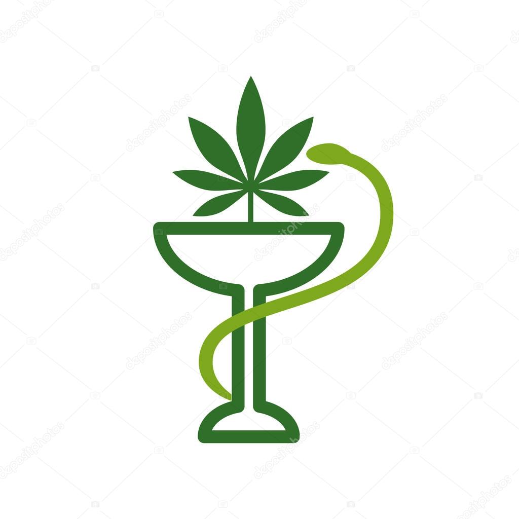 Snake and bowl medical icon. Marijuana Leaf. Medical cannabis. Marijuana Pharmacy. Health and Medical therapy. Drug consumption, marijuana use. Marijuana Legalization. Isolated vector illustration on white background.