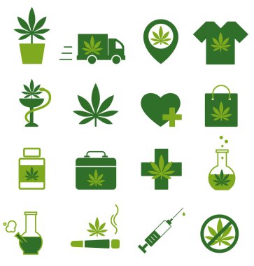 Esrar, esrar simgeler. Tıbbi esrar simgeler kümesi. Marihuana yaprağı.