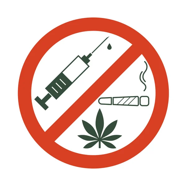 Geen drugs toegestaan. Drugs, marihuanablad met verboden teken - geen drug. Drugs pictogram in verbod rode cirkel. — Stockvector