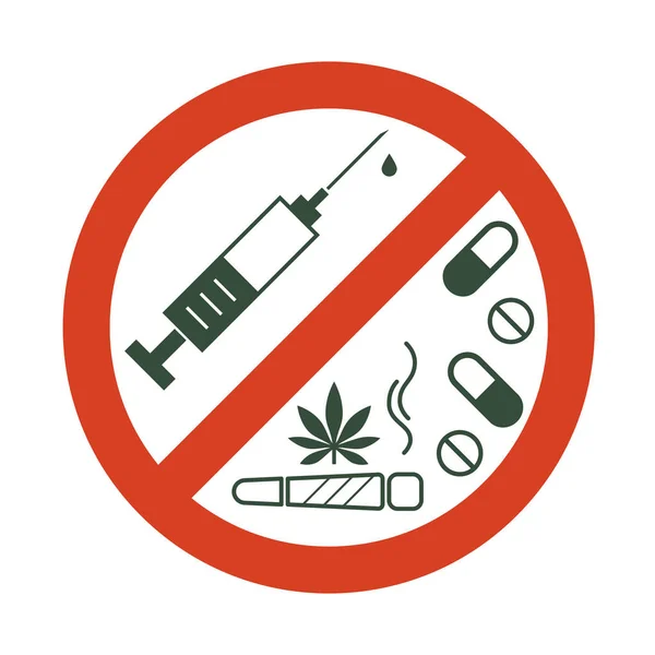 Non sono ammesse droghe. Droga, foglia di marijuana con segno proibito - nessuna droga. Icona droga in divieto cerchio rosso . — Vettoriale Stock