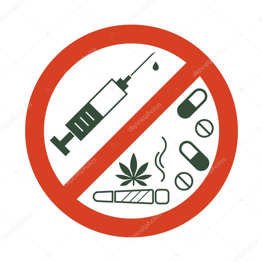No drugs allowed. Drugs, marijuana leaf with forbidden sign - no drug. Drugs icon in prohibition red circle.