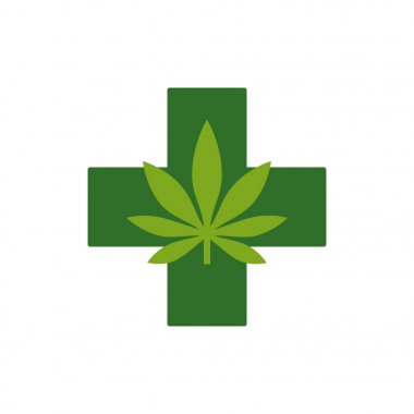 Marihuana yaprağı yeşil haç ile. Tıbbi esrar. Simge Logo şablonu.