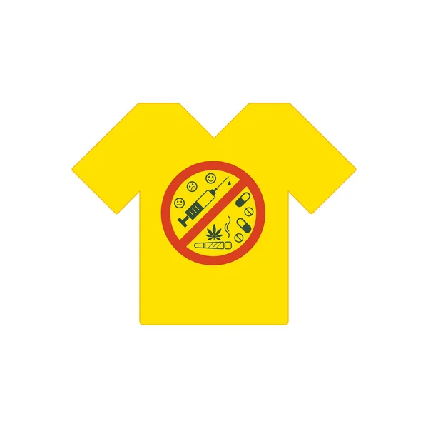 Gelbes T-Shirt. Keine Drogen erlaubt. Drogen, Marihuana mit verbotenen Zeichen - keine Droge. Drogen-Ikone im Prohibition Red Circle. — Stockvektor