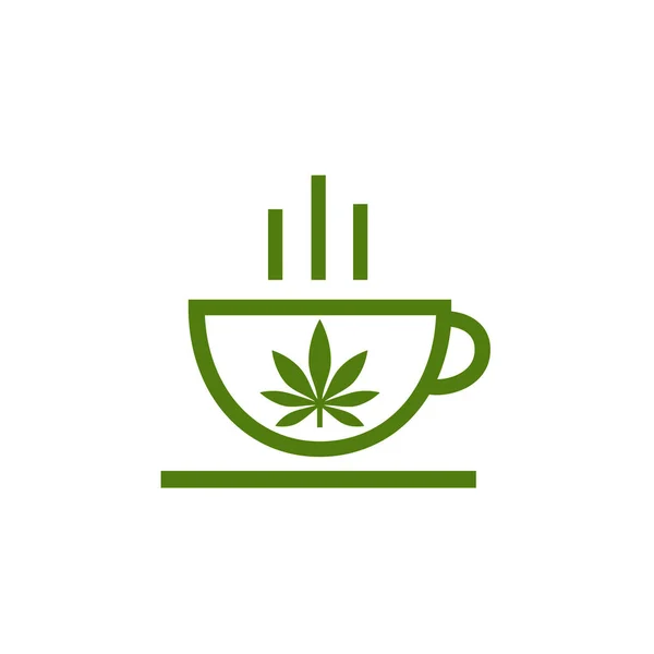 Logo of coffee shop. Leaf of cannabis on cup. Cannabis herbal tea and marijuana leaves. — Stock Vector