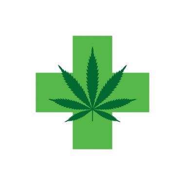 Marihuana yaprağı yeşil haç ile. Tıbbi esrar. Simge Logo şablonu.