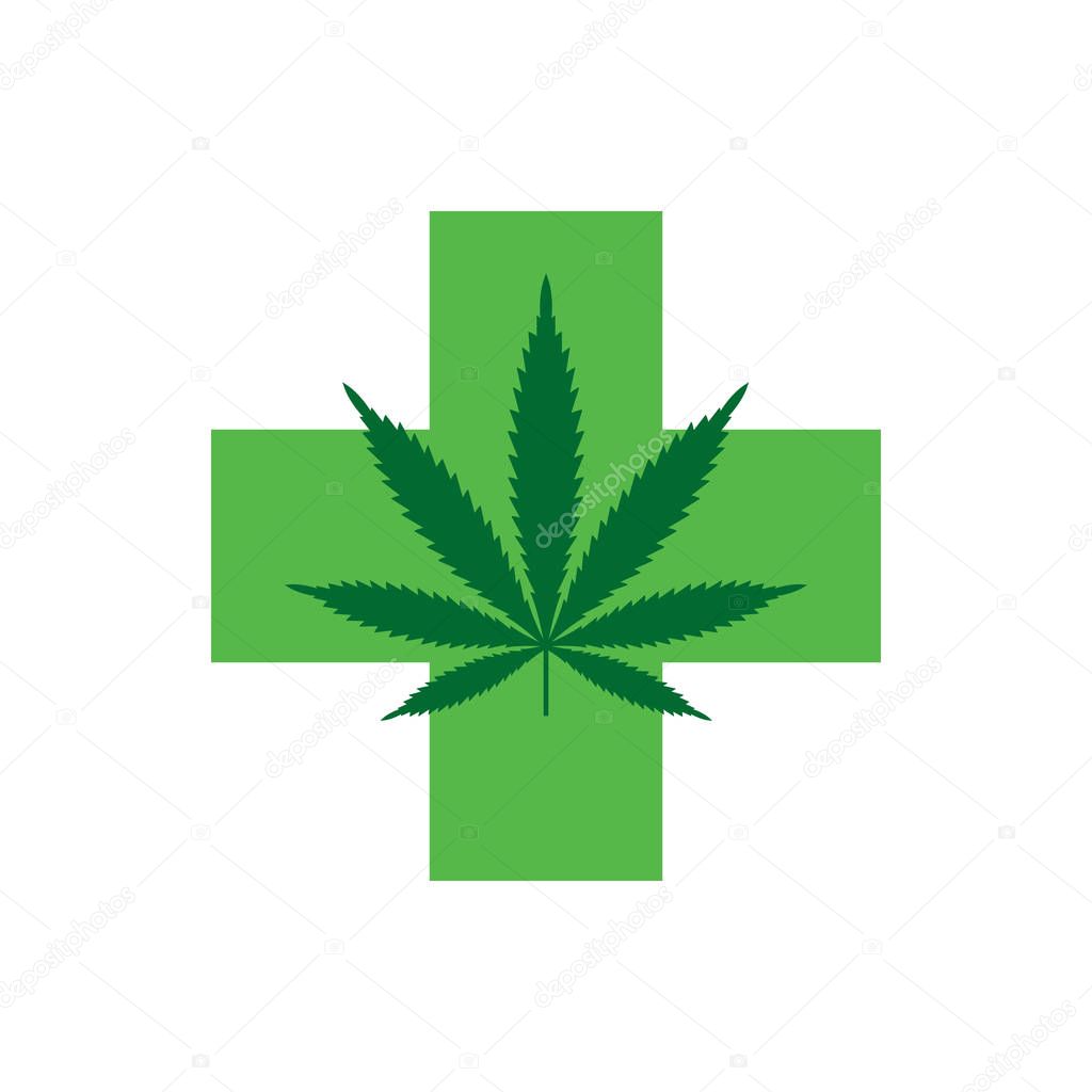 Marijuana leaf with Green Cross. Medical Cannabis. Icon Logo Template. Health and Medical therapy. Isolated vector illustration on white background.