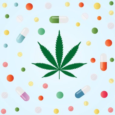 Tıbbi marihuana. Esrar yaprak ve renkli tıbbi ilaçlar.