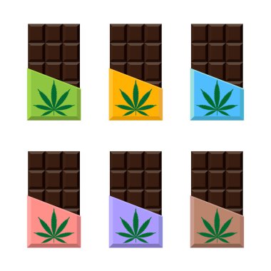 Vektör ayarla çikolata Bar paket tasarımları marihuana yaprağı. Narkotik tatlılar.