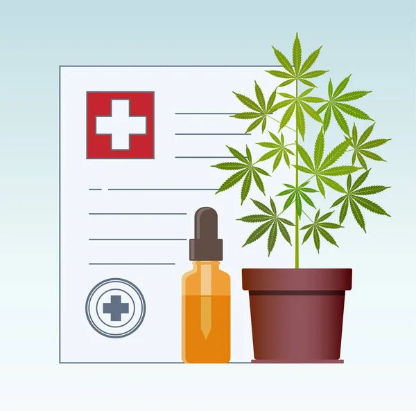 Marihuana-Pflanze und Dropper mit cbd-Öl. Cannabisöl. medizinisches Marihuana im Gesundheitswesen ein Rezept für medizinisches Marihuana. — Stockvektor
