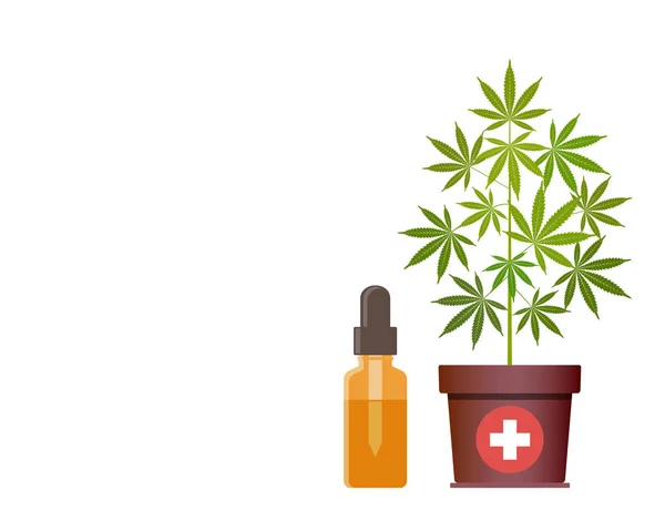 Marihuana-Pflanze und Dropper mit cbd-Öl. Cannabisöl. medizinisches Marihuana. — Stockvektor