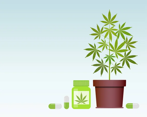 Fles met medische marihuana en medicinale cannabis pillen. Fles mock up. — Stockvector