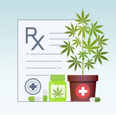 Tıbbi esrar ve tıbbi esrar hapı şişesiyle. Sağlık tıbbi esrar için bir reçete tıp esrar. Vektör.