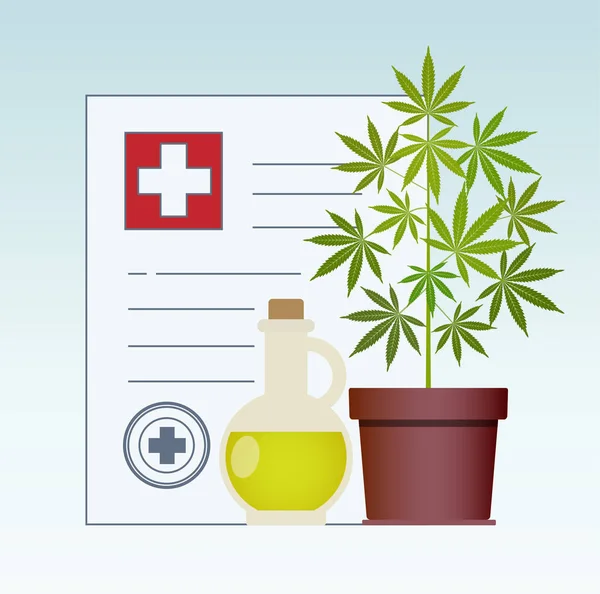Marihuanapflanze und Cannabisöl. Hanföl in einem Glas-Attrappe. cbd-Öl Hanfprodukte. — Stockvektor